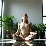 A serene businesswoman meditating in a modern office space, bathed in soft, natural light. She is surrounded by subtle, calming elements like plants and a water feature. The overall atmosphere is peaceful and focused, contrasting with the implied busyness of a typical office. Focus on conveying a sense of calm amidst chaos.