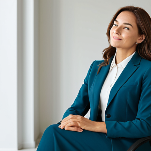 Home 14 A professional woman in a modest, elegant business suit, seated comfortably in a serene, modern office. She looks forward with a calm and deeply relieved expression, her posture relaxed, conveying a sense of lightness and freedom as if having just shared a profound thought. The room is softly lit with natural light, featuring minimalist decor. High-resolution, professional photography, capturing a peaceful atmosphere. Perfect anatomy, correct proportions, natural pose, well-formed hands, proper finger count, natural body proportions, fully clothed, appropriate attire, safe for work, appropriate content, professional.
