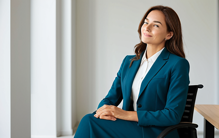 A professional woman in a modest, elegant business suit, seated comfortably in a serene, modern office. She looks forward with a calm and deeply relieved expression, her posture relaxed, conveying a sense of lightness and freedom as if having just shared a profound thought. The room is softly lit with natural light, featuring minimalist decor. High-resolution, professional photography, capturing a peaceful atmosphere. Perfect anatomy, correct proportions, natural pose, well-formed hands, proper finger count, natural body proportions, fully clothed, appropriate attire, safe for work, appropriate content, professional.