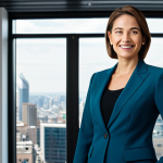 A professional businesswoman in a modest, elegant pantsuit stands confidently in a sleek, modern office. She looks out a large window at a vibrant cityscape, a subtle smile of determination on her face. The initial sense of overwhelm has transformed into clear focus and a strong sense of purpose, representing resilience and growth. Soft, natural light fills the spacious room. The composition emphasizes strength and inner calm amidst complexity. Fully clothed, appropriate attire, professional dress, safe for work, appropriate content, perfect anatomy, correct proportions, natural pose, well-formed hands, proper finger count, natural body proportions, high-quality, professional photography.