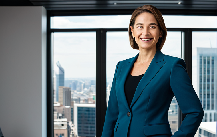 A professional businesswoman in a modest, elegant pantsuit stands confidently in a sleek, modern office. She looks out a large window at a vibrant cityscape, a subtle smile of determination on her face. The initial sense of overwhelm has transformed into clear focus and a strong sense of purpose, representing resilience and growth. Soft, natural light fills the spacious room. The composition emphasizes strength and inner calm amidst complexity. Fully clothed, appropriate attire, professional dress, safe for work, appropriate content, perfect anatomy, correct proportions, natural pose, well-formed hands, proper finger count, natural body proportions, high-quality, professional photography.