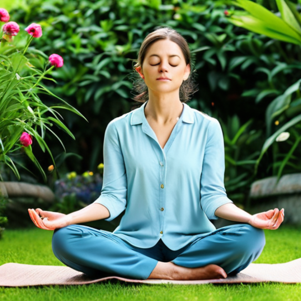 Serene Mindfulness Practice**

"A woman practicing mindful meditation outdoors in a lush garden, fully clothed in comfortable, modest clothing. She sits in a natural pose with perfect anatomy and well-formed hands, eyes gently closed. Soft, diffused lighting creates a peaceful atmosphere. Background includes vibrant flowers and greenery. Safe for work, appropriate content, family-friendly, professional photography, high quality."

**