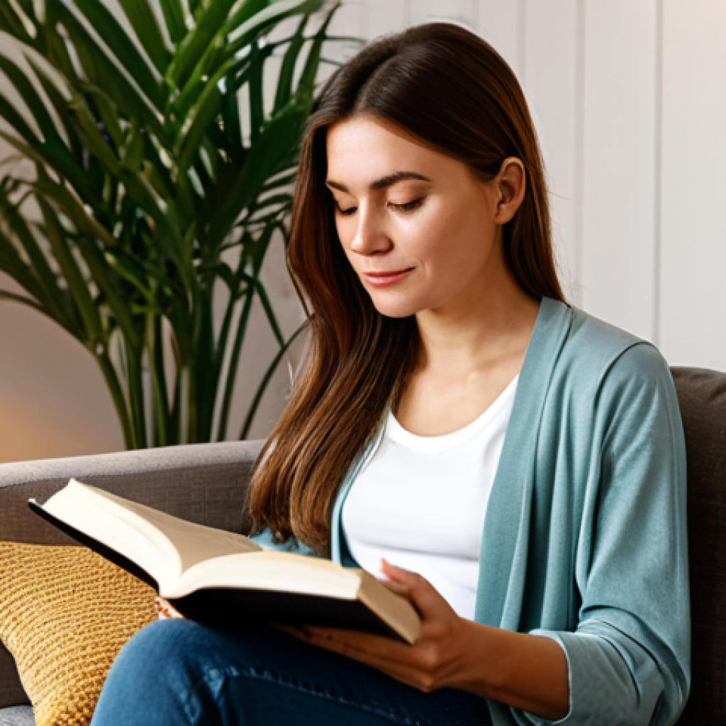 Digital Detox**

A woman sitting comfortably on a sofa in her living room, reading a physical book, no phone visible, warm lighting, plants in the background, fully clothed in modest casual wear, safe for work, appropriate content, professional photography, perfect anatomy, natural pose, high resolution.

**