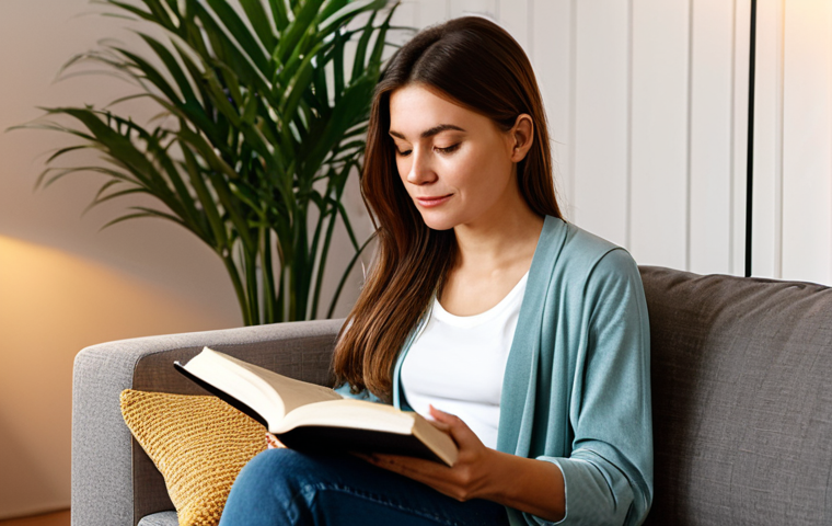Digital Detox**

A woman sitting comfortably on a sofa in her living room, reading a physical book, no phone visible, warm lighting, plants in the background, fully clothed in modest casual wear, safe for work, appropriate content, professional photography, perfect anatomy, natural pose, high resolution.

**