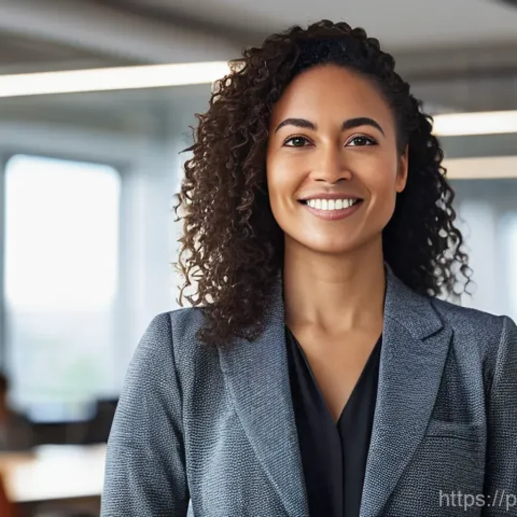 정신적 회복탄력성과 직장 내 갈등 해결 - A confident, diverse female professional in her early 30s, dressed in stylish business casual attire...