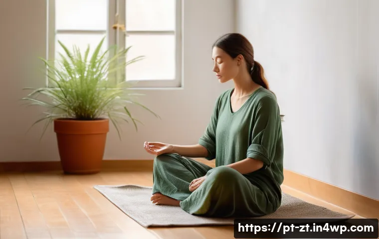 회복탄력성 강화를 위한 웰빙 프로그램 - **Prompt:** A serene and calm woman in her late 20s or early 30s, dressed in loose-fitting, comforta...