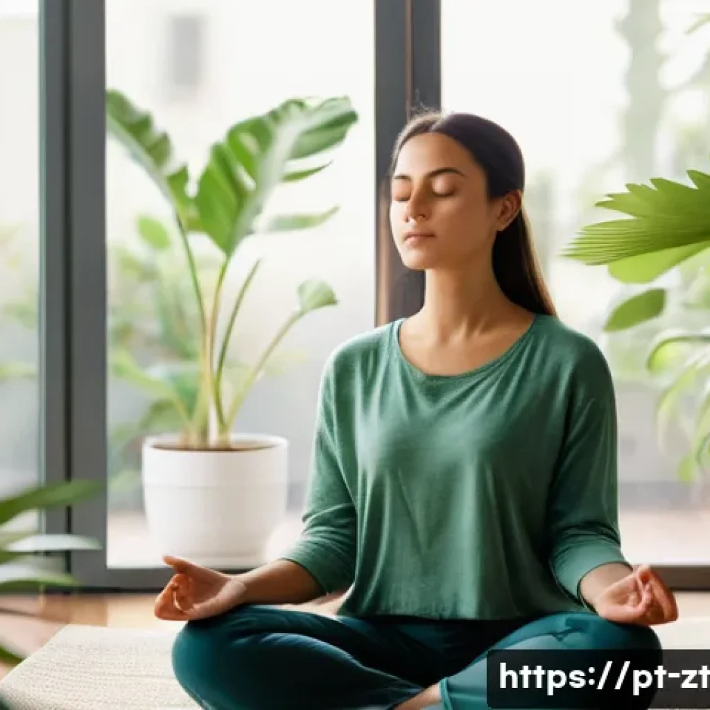 정신적 회복탄력성 개선을 위한 자기 개발 과정 - A serene scene of a young adult woman practicing mindfulness meditation in a bright, cozy living roo...