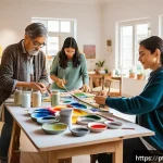 Home 23 정신적 회복탄력성을 높이는 아트 테라피 - A cozy, well-lit home art studio featuring a diverse group of adults engaged in various art therapy ...