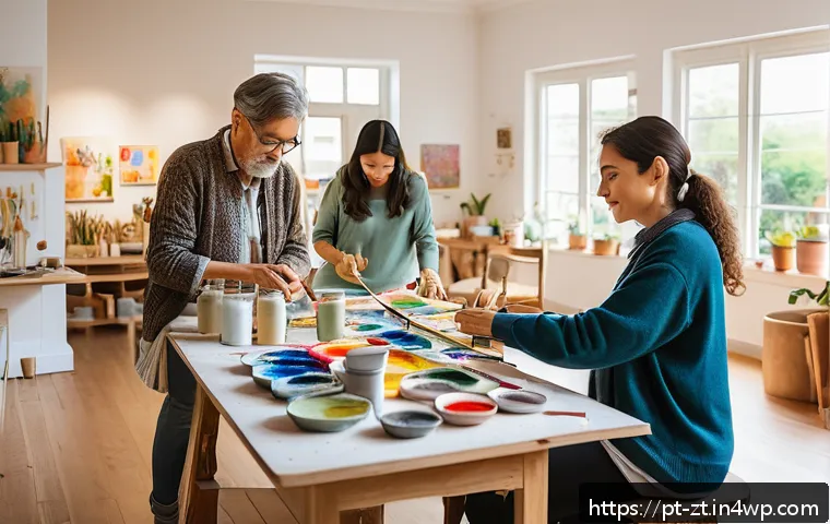 정신적 회복탄력성을 높이는 아트 테라피 - A cozy, well-lit home art studio featuring a diverse group of adults engaged in various art therapy ...